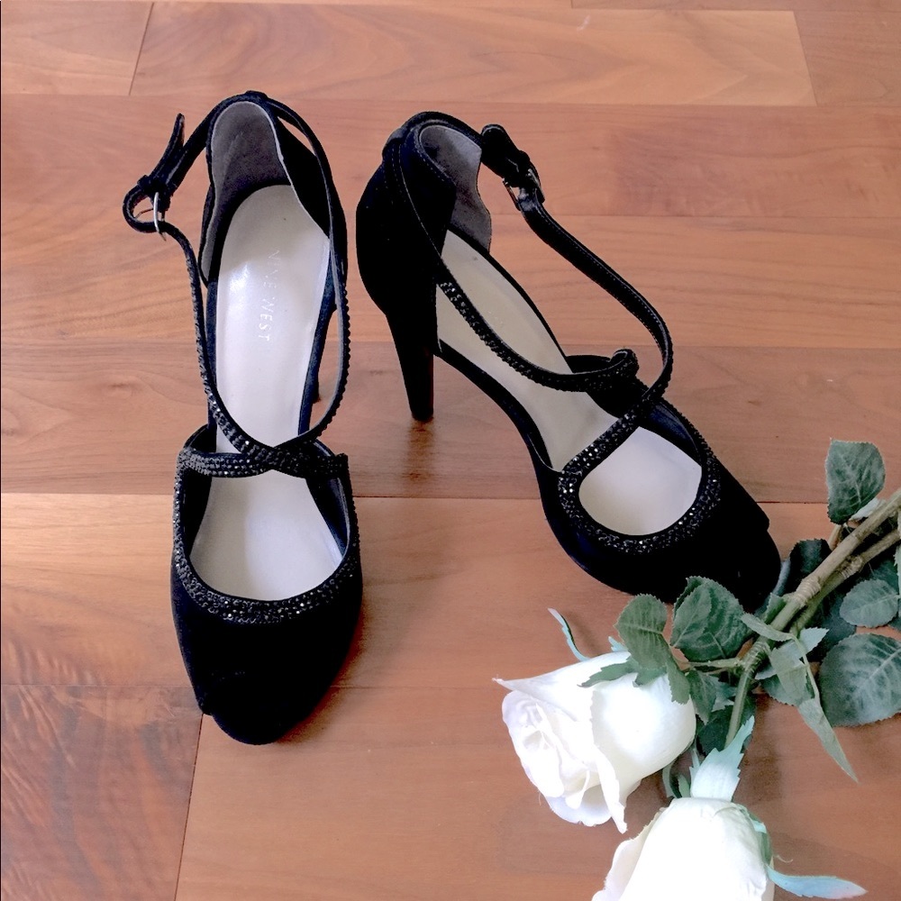 Nine West Black real suede stiletto shoes shiny criss cross straps peep toe US10